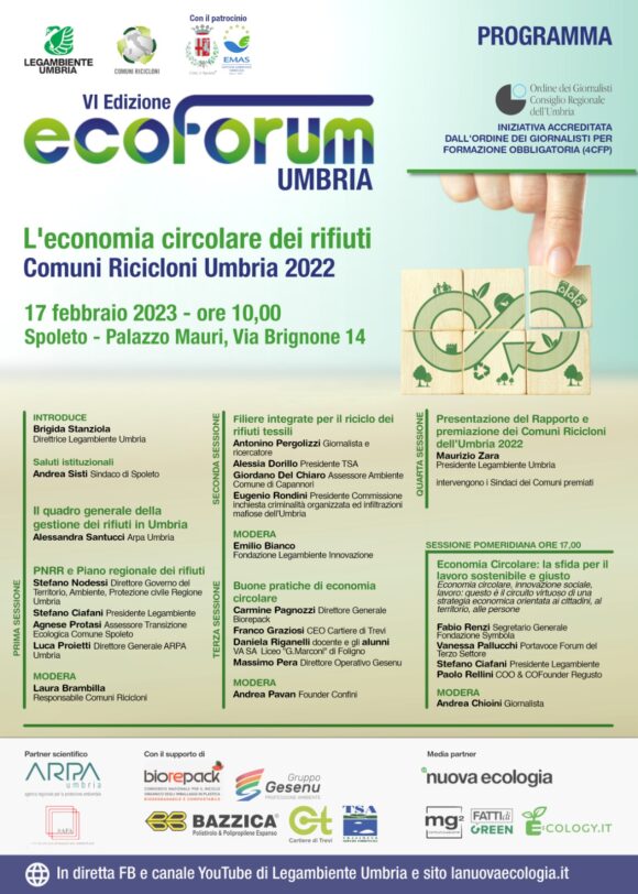 Rifiuti: i numeri e gli scenari per l’Umbria. Durante l’EcoForum saranno annunciati e premiati i COMUNI RICICLONI 2022